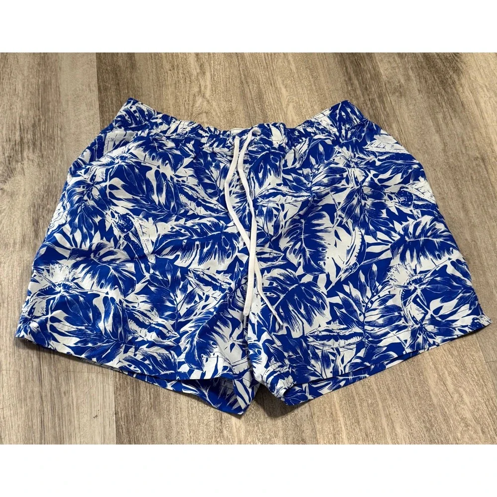 Columbia Men's Swim Trunks M Blue White Print Elastic Waist‎ Drawstring Pockets